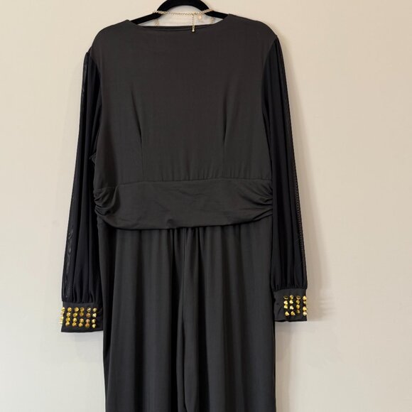 Elegant Jumpsuit Long Sheer Sleeve Deep V-Neck Wide Leg Gold Studs XL - Picture 8 of 8